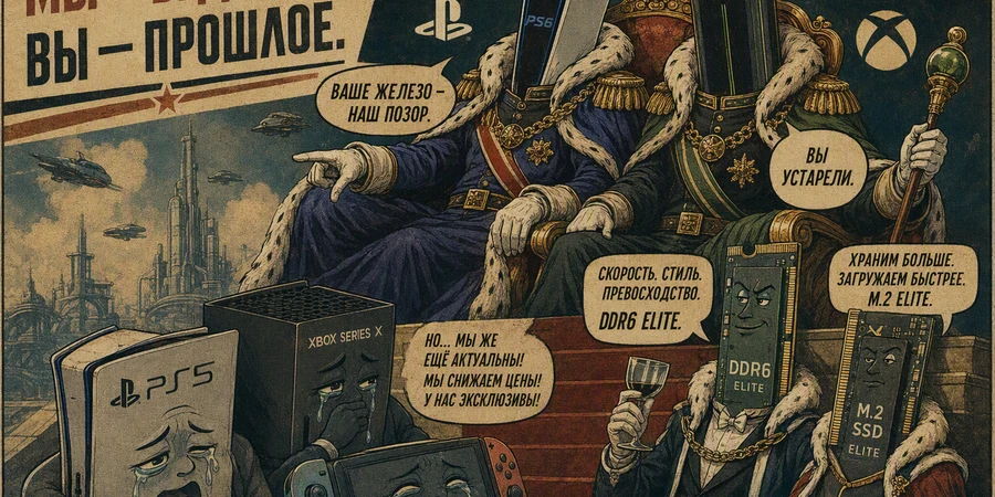Планета с персонажами, символизирующими PS6 и Xbox, обсуждающими технологии.