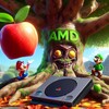 Два персонажа в цветовом лесу стоят около дерева с логотипом AMD и яблоком.