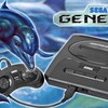 Логотип Sega Genesis с игровой приставкой и джойстиком на фоне морской тематики.