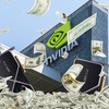 Здание с логотипом Nvidia на фоне летающих долларов и видеокарт.