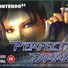 Логотип видеоигры "Perfect Dark", с персонажем и элементами оружия на заднем плане.
