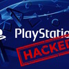 Логотип PlayStation с красной печатью "HACKED" на синем фоне.