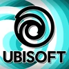 Логотип Ubisoft с вихреобразным узором в фоновом цвете градиента от голубого до тёмно-синего.