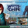 Женщина с телефоном и мужчина с испуганным выражением лица на фоне игры White Creek.