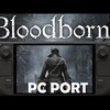 Логотип игры Bloodborne с изображением персонажа на фоне мрачного города.