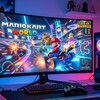 На мониторе показана игра Mario Kart с яркими персонажами и цветным фоном.