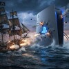 Корабль с пушками плывёт по морю рядом с игровой консолью в розовых и синих тонах.