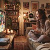 Девушка играет в видеоигру на старом телевизоре в уютной комнате.